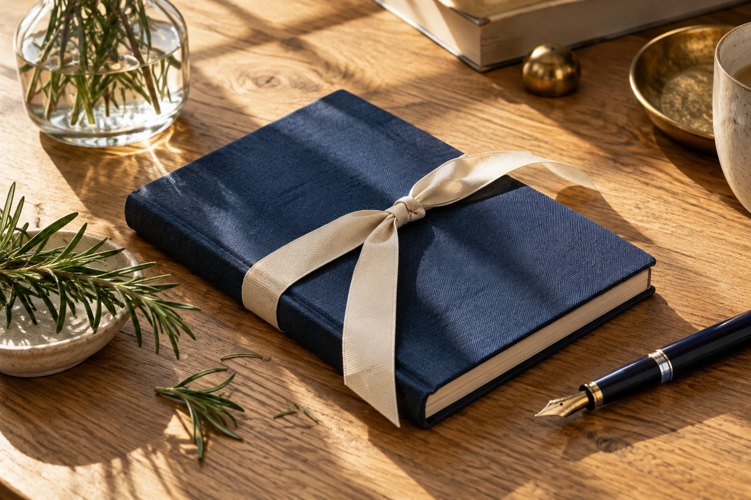 An artistic still life of a closed navy notebook, fountain pen and rosemary on a writing desk