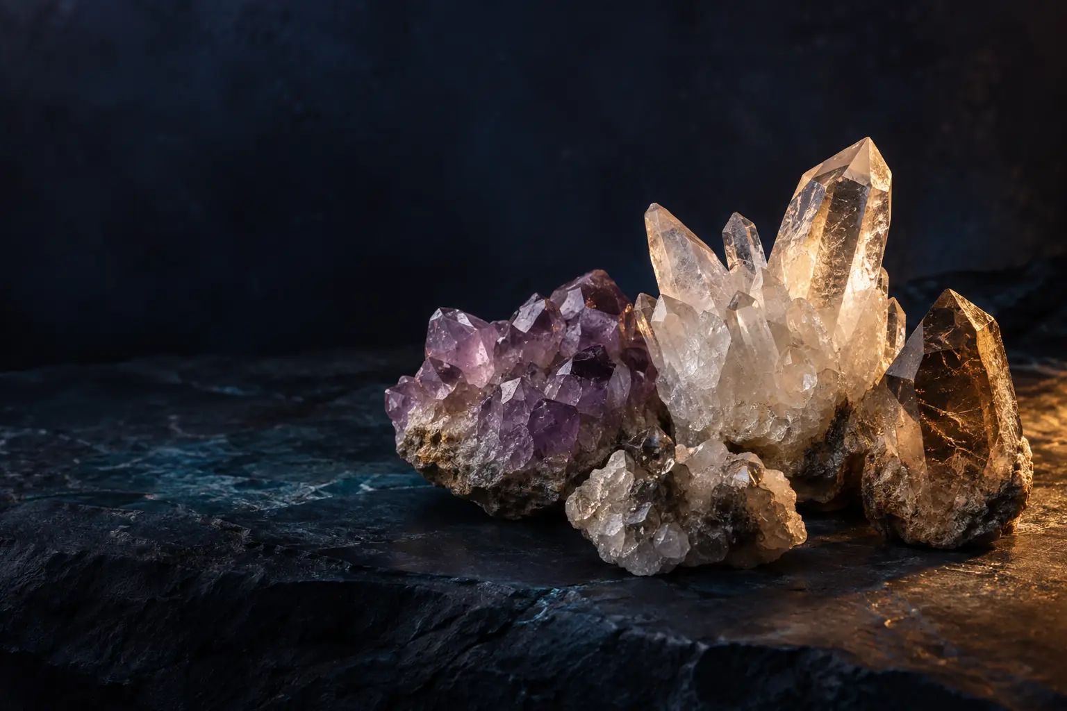 An artistic still life of amethyst and clear quartz crystals in warm light against a deep blue background
