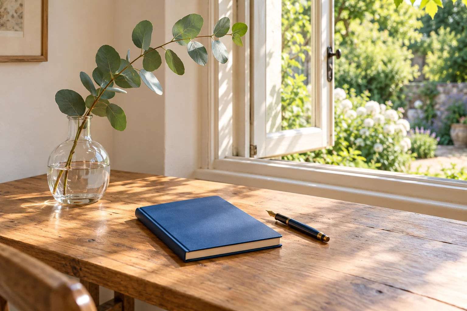 An artistic view of a blue notebook and pen on a sunlit writing table beside a garden window