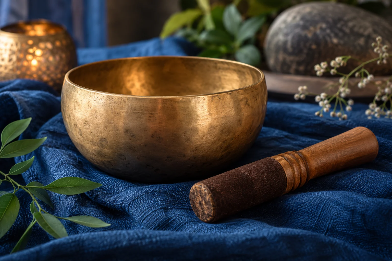 An artistic view of a brass singing bowl and wooden striker on an indigo cloth