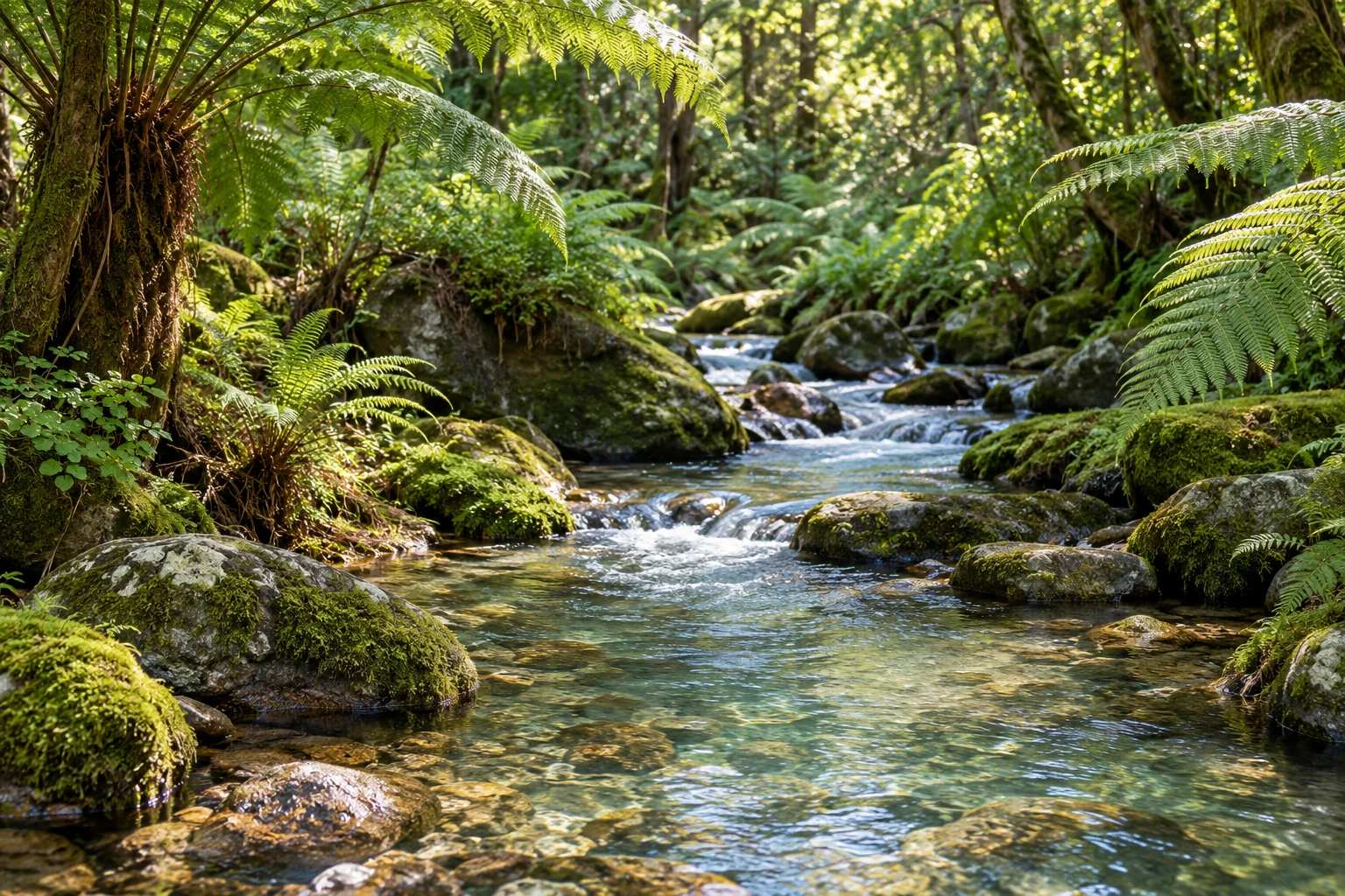 An artistic view of a clear woodland stream winding between mossy stones and ferns
