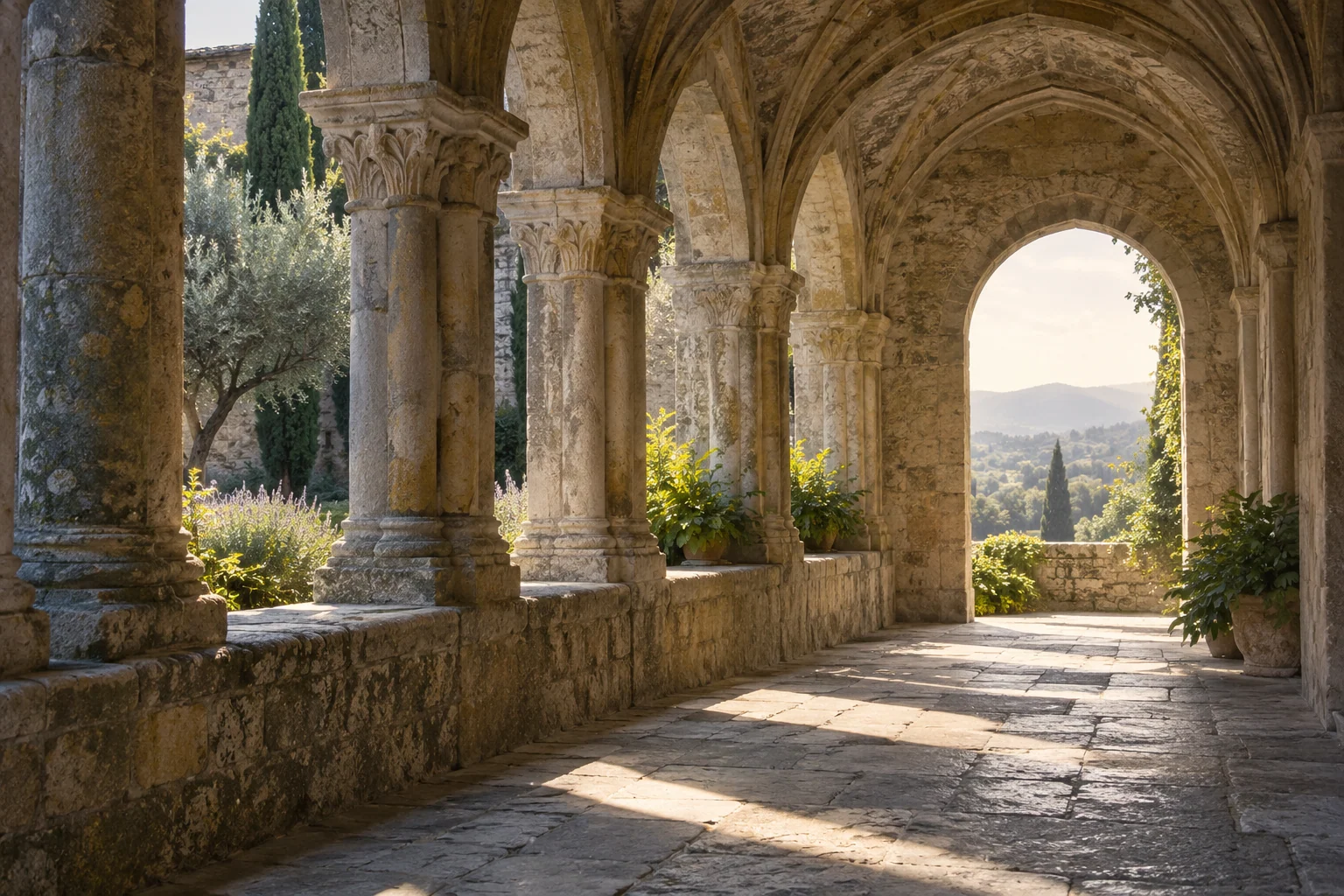 An artistic view of a contemplative stone cloister with an open arch and shafts of afternoon light