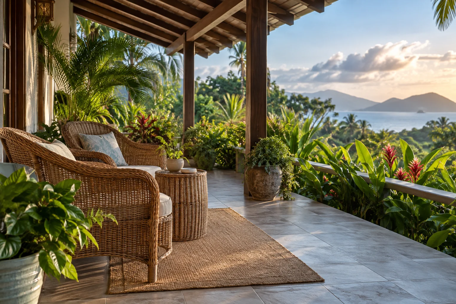 An artistic view of a covered veranda with two cane chairs beside lush tropical plants