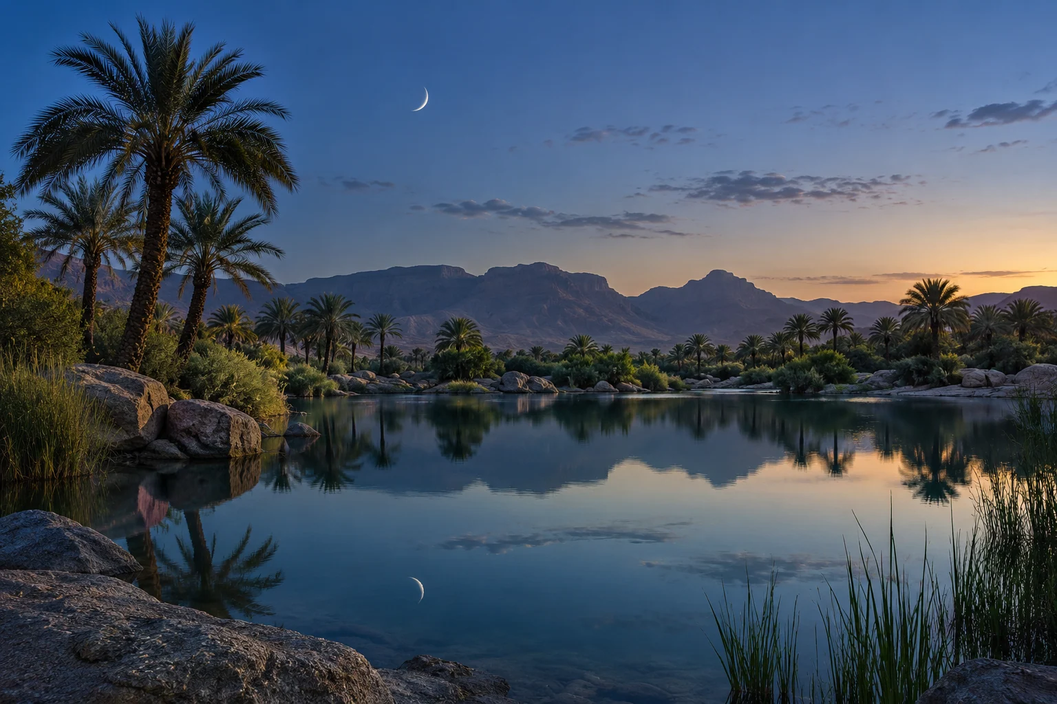 An artistic view of a crescent moon reflected in a still desert oasis