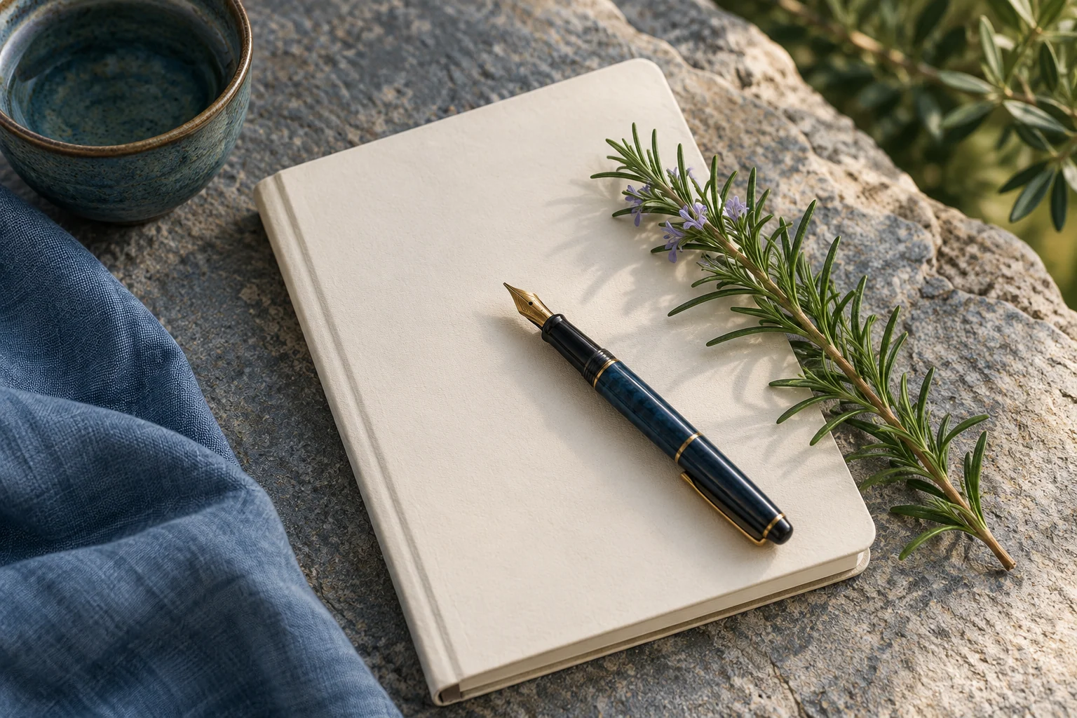 An artistic view of a fountain pen resting on a cream notebook beside a sprig of rosemary