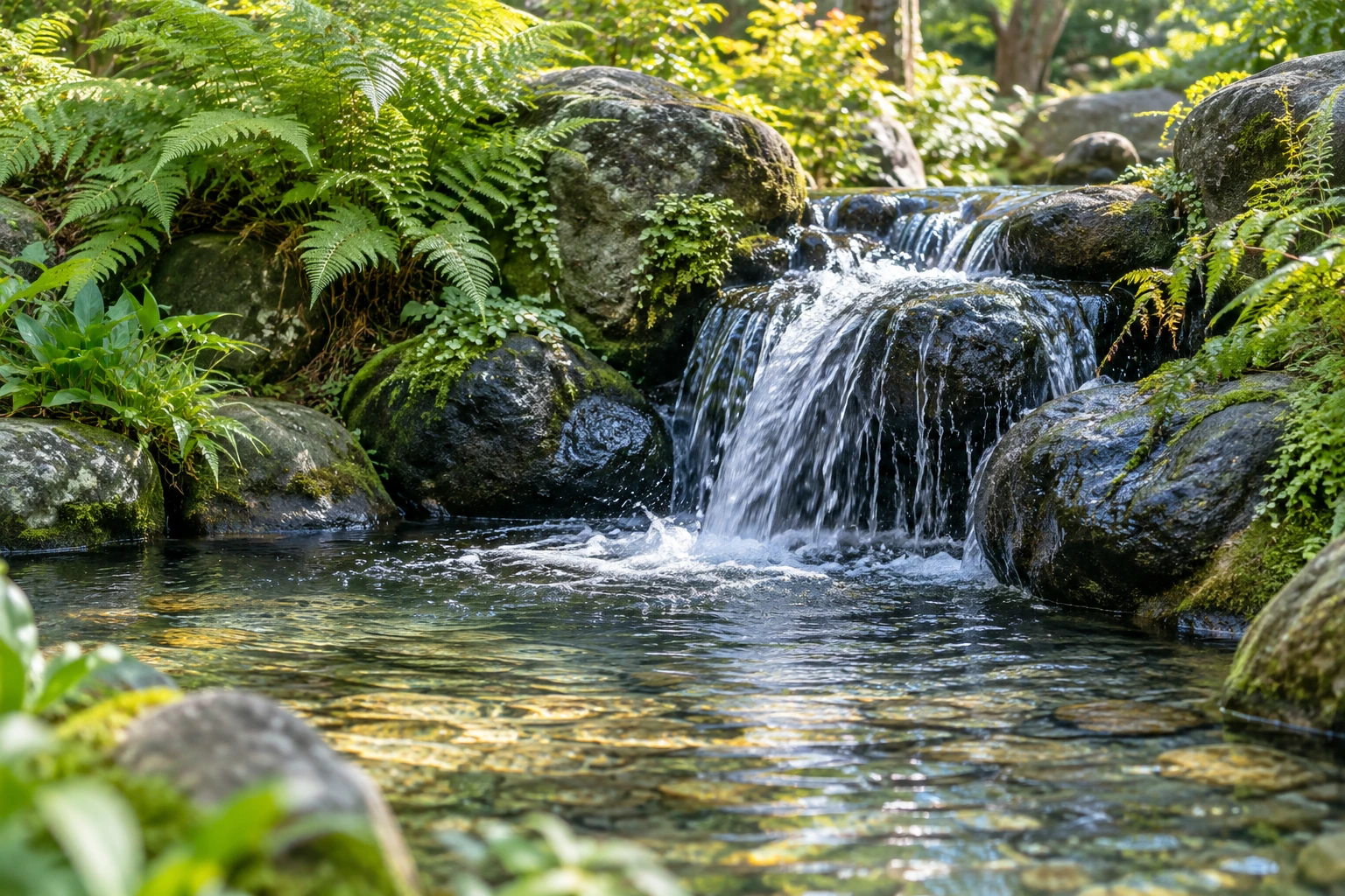 An artistic view of a gentle rock fountain flowing into a clear pool surrounded by ferns