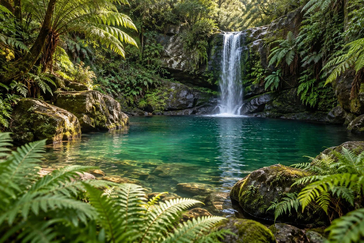 An artistic view of a gentle waterfall falling into an emerald pool in a fern gully