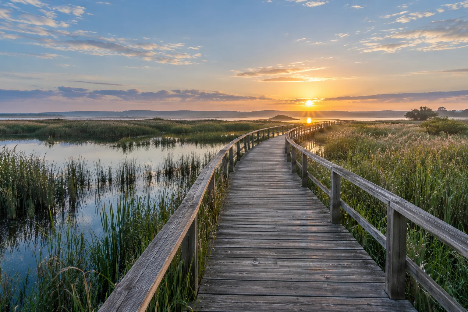 An artistic view of a long boardwalk across a tranquil coastal wetland at sunrise