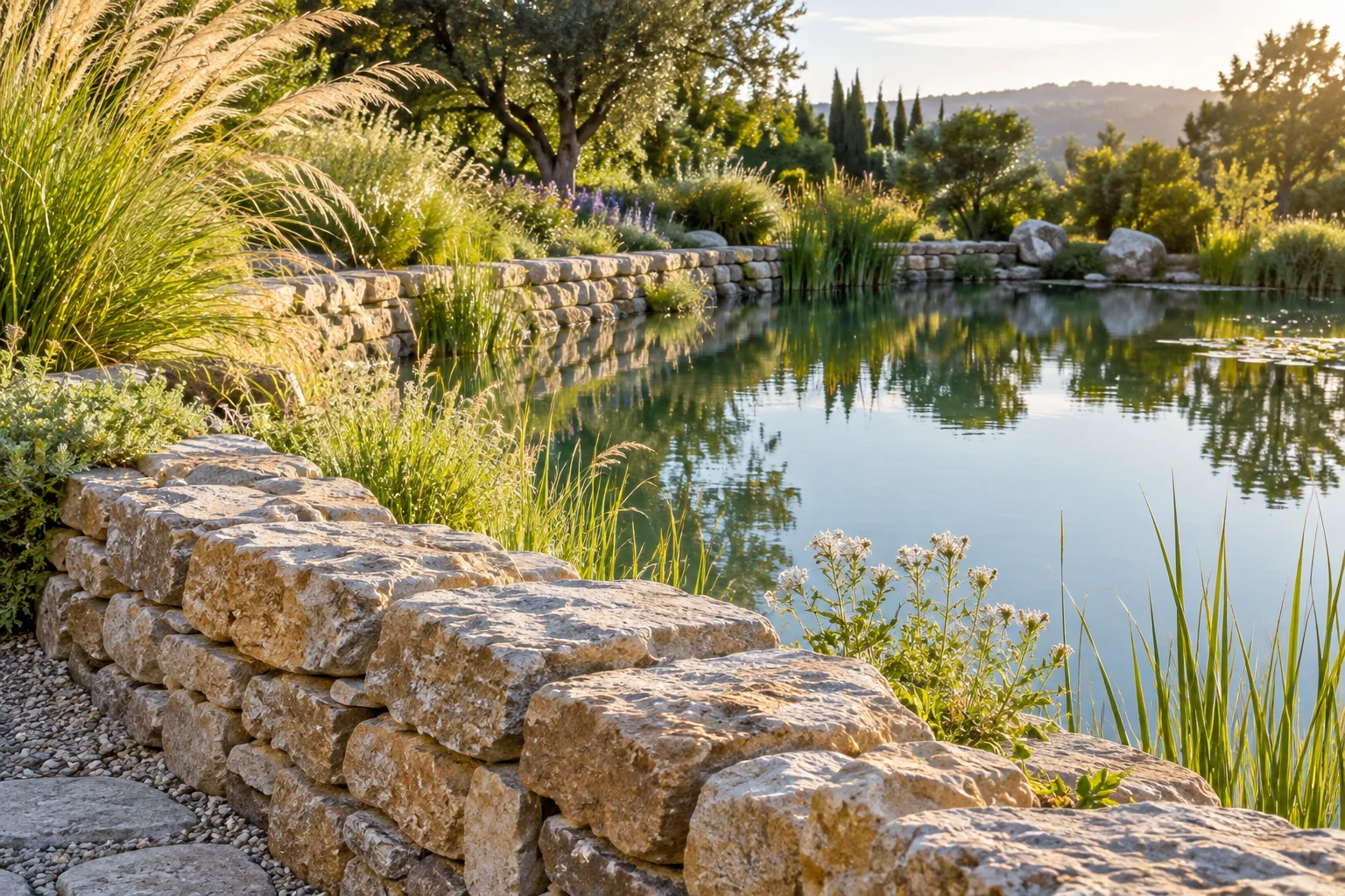 An artistic view of a low stone garden wall beside a peaceful pond and ornamental grasses