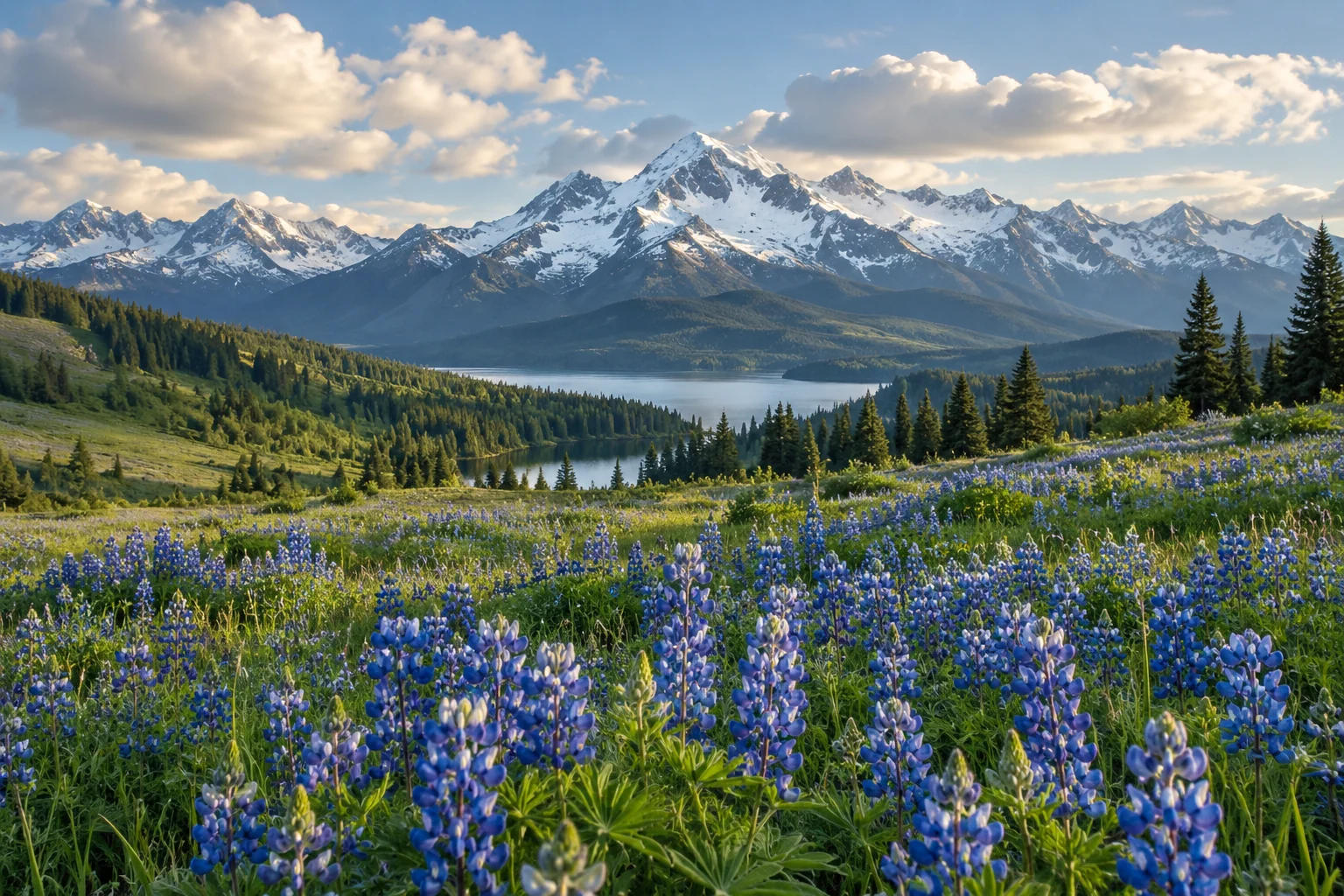 An artistic view of a mountain meadow of blue lupins below a snow-capped ridge under soft white clouds