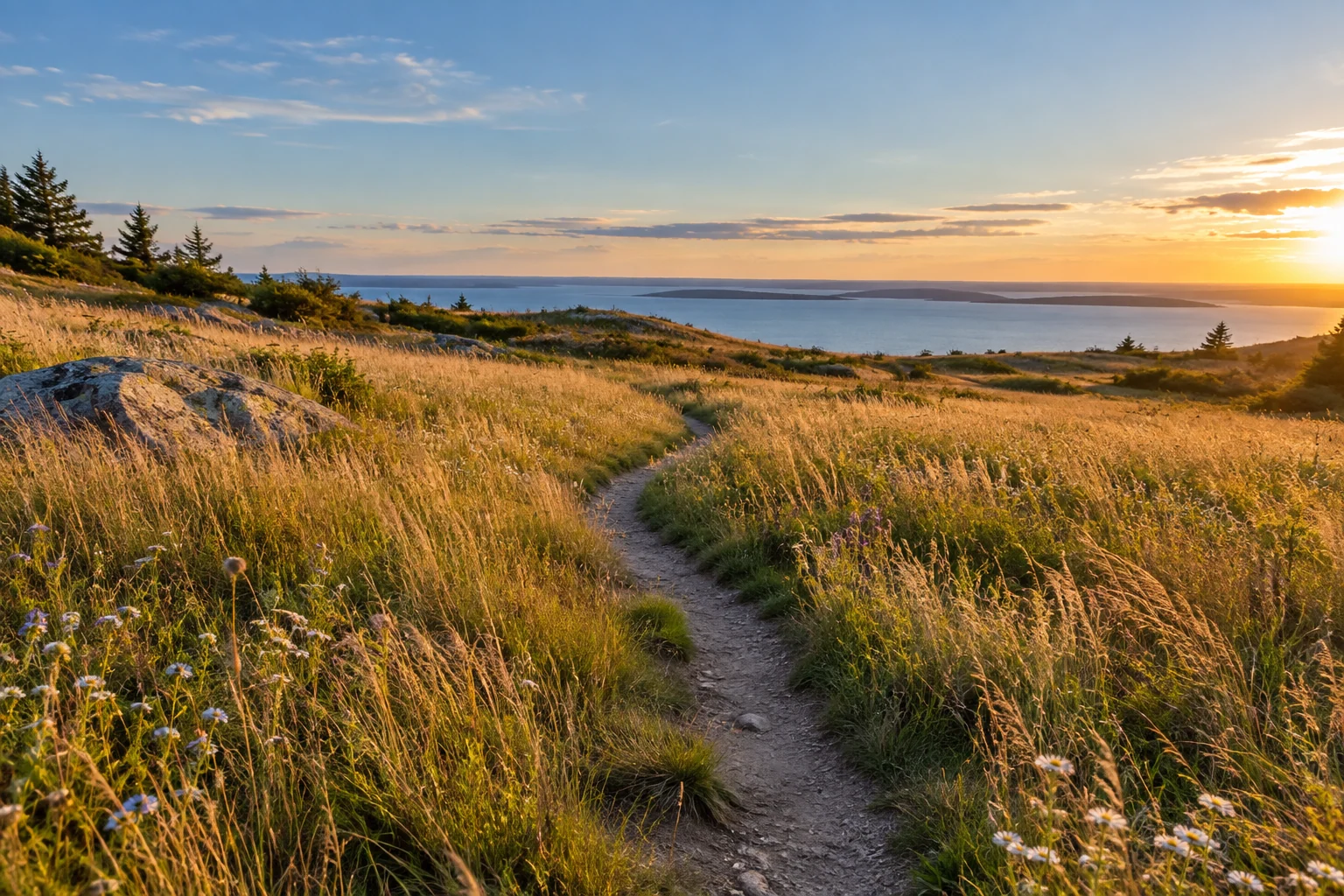 An artistic view of a narrow winding path through a golden meadow toward an open horizon