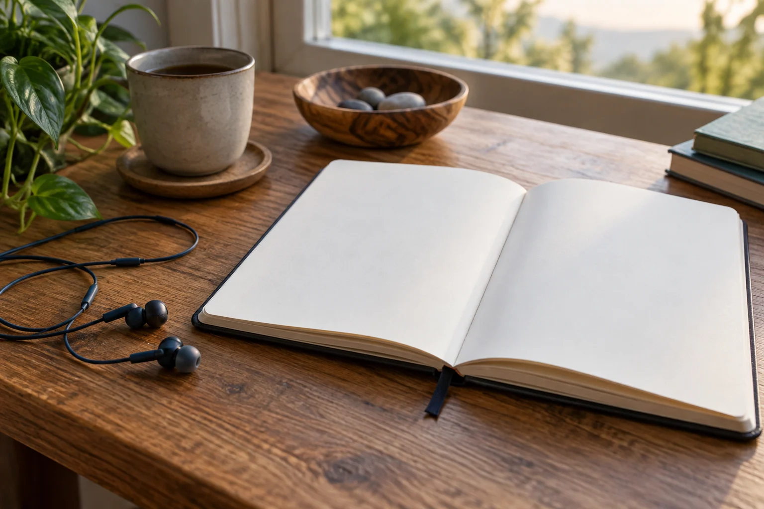 An artistic view of a pair of earphones beside an open blank notebook on a timber desk