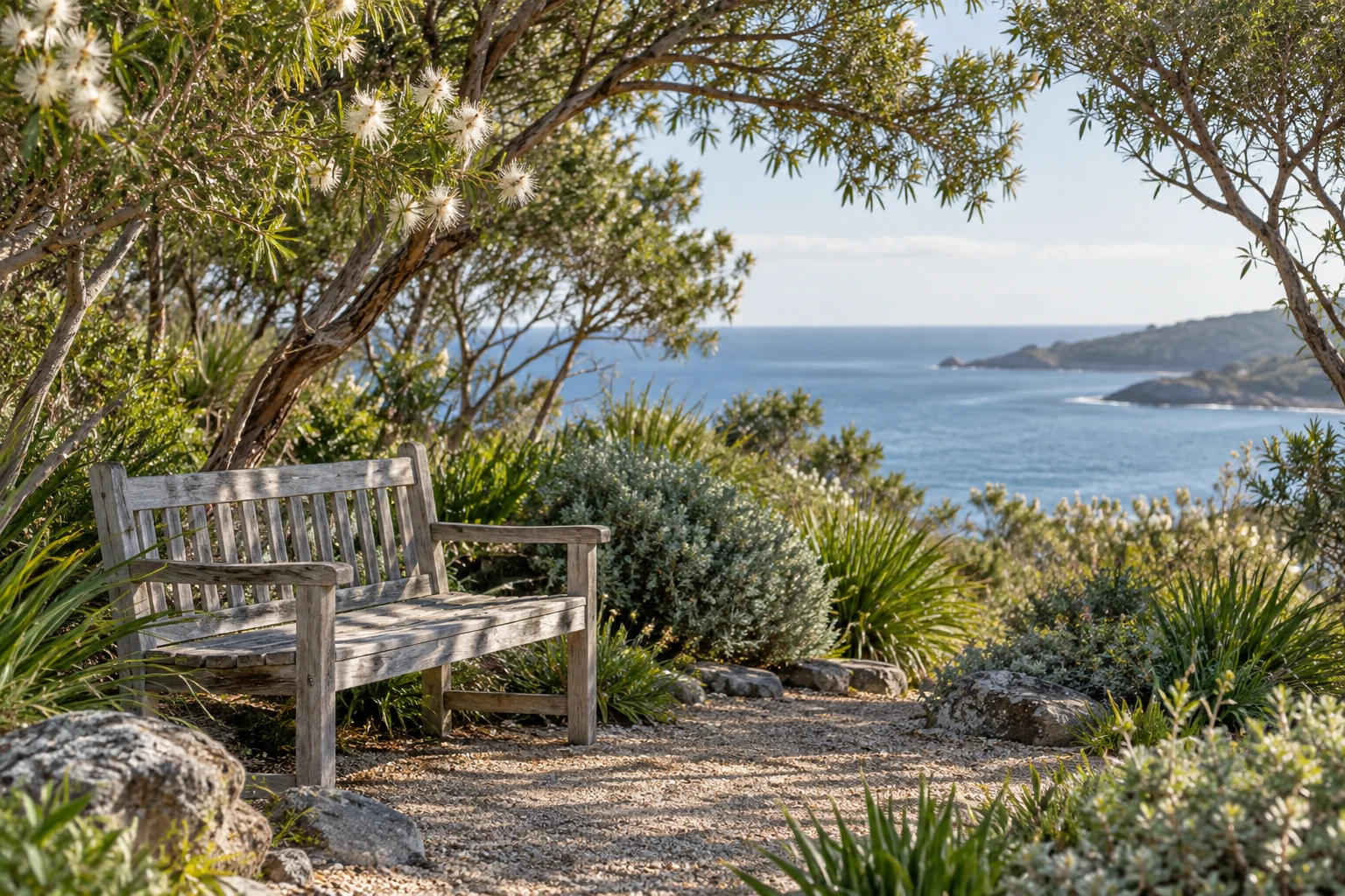 An artistic view of a peaceful coastal garden with a wooden bench in morning sunlight