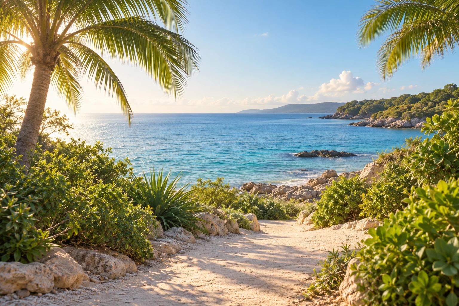 An artistic view of a quiet coastal path sheltered by palms and greenery