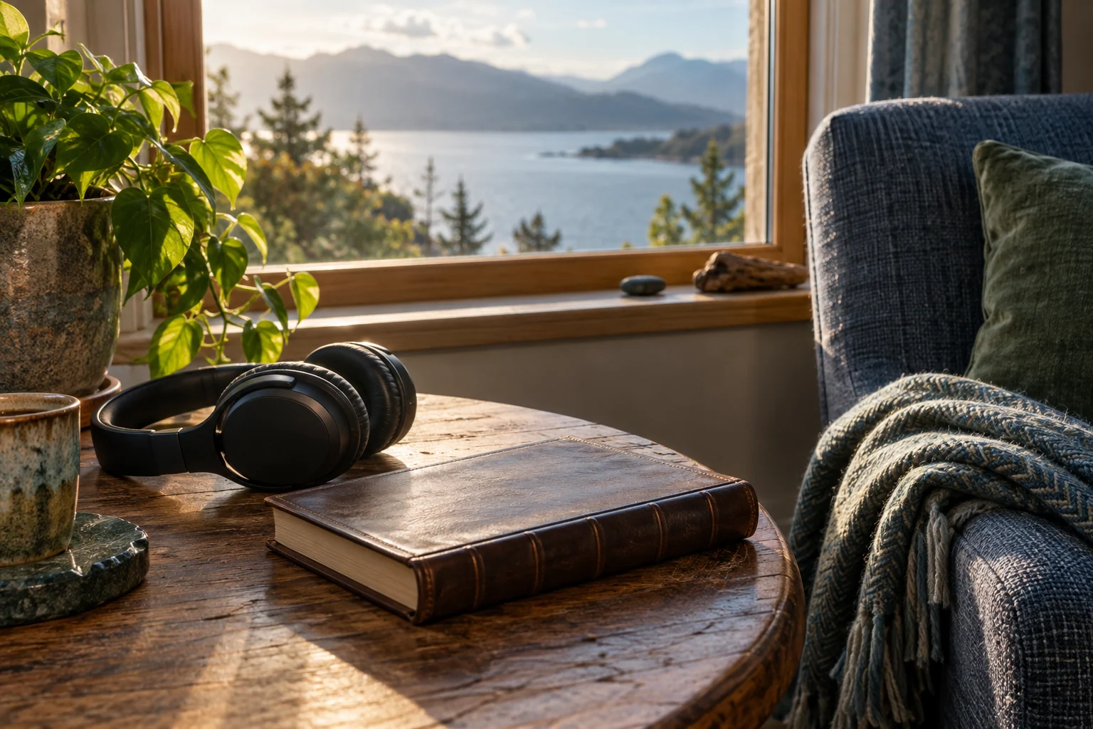An artistic view of a quiet corner with headphones and a closed leather-bound book beside a window