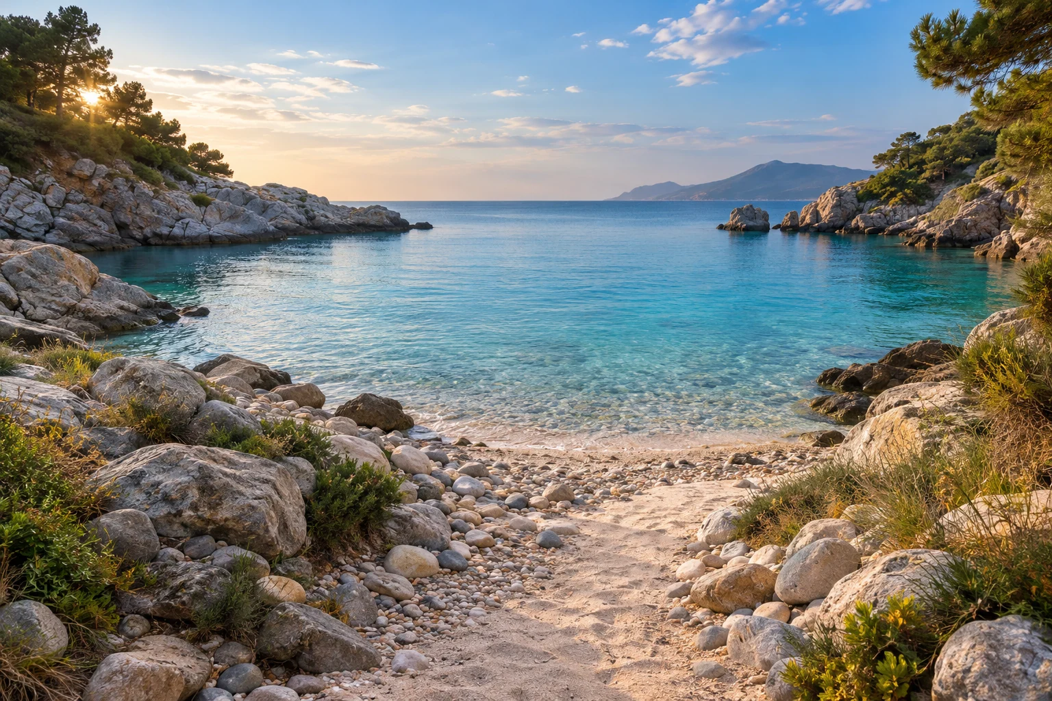An artistic view of a quiet pebble cove with clear turquoise water and a welcoming sandy path