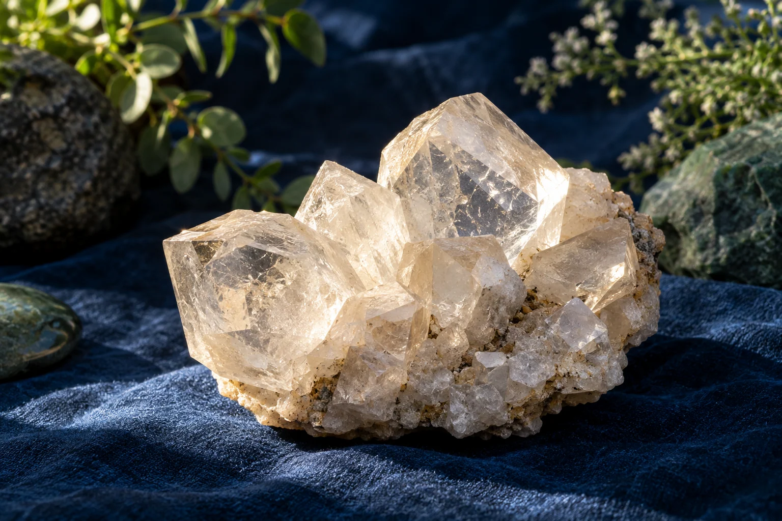 An artistic view of a radiant clear calcite cluster on a dark blue surface