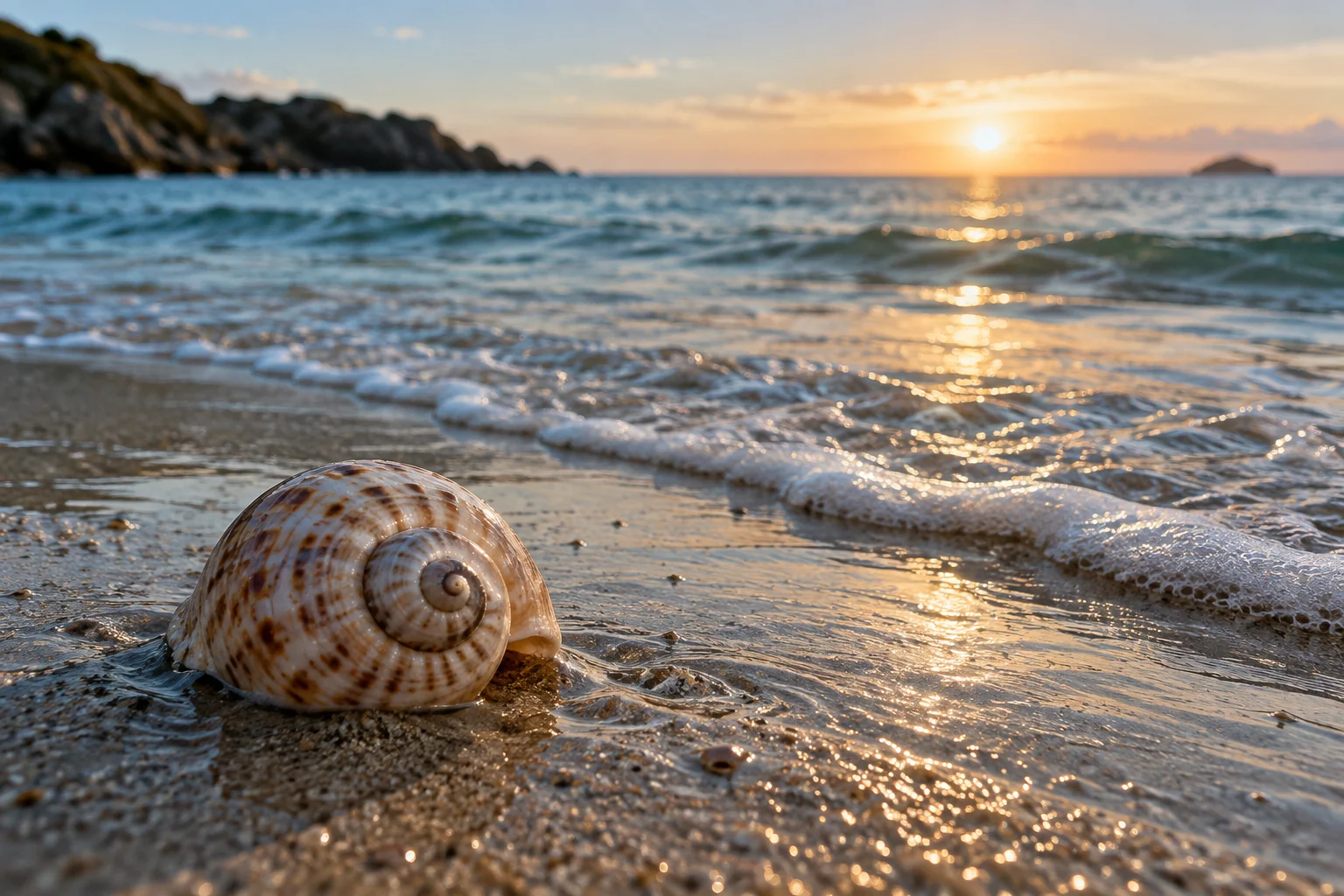 An artistic view of a seashell spiral on wet sand with a soft receding wave