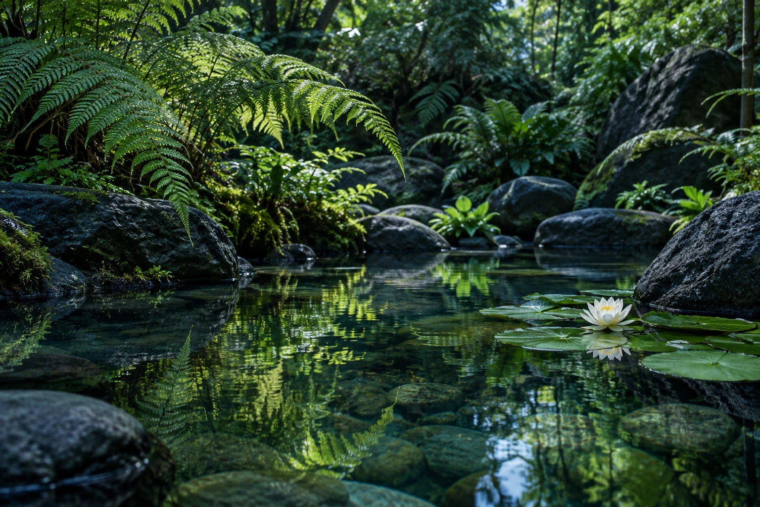 An artistic view of a secluded pond with smooth rocks, arching ferns and a white water lily