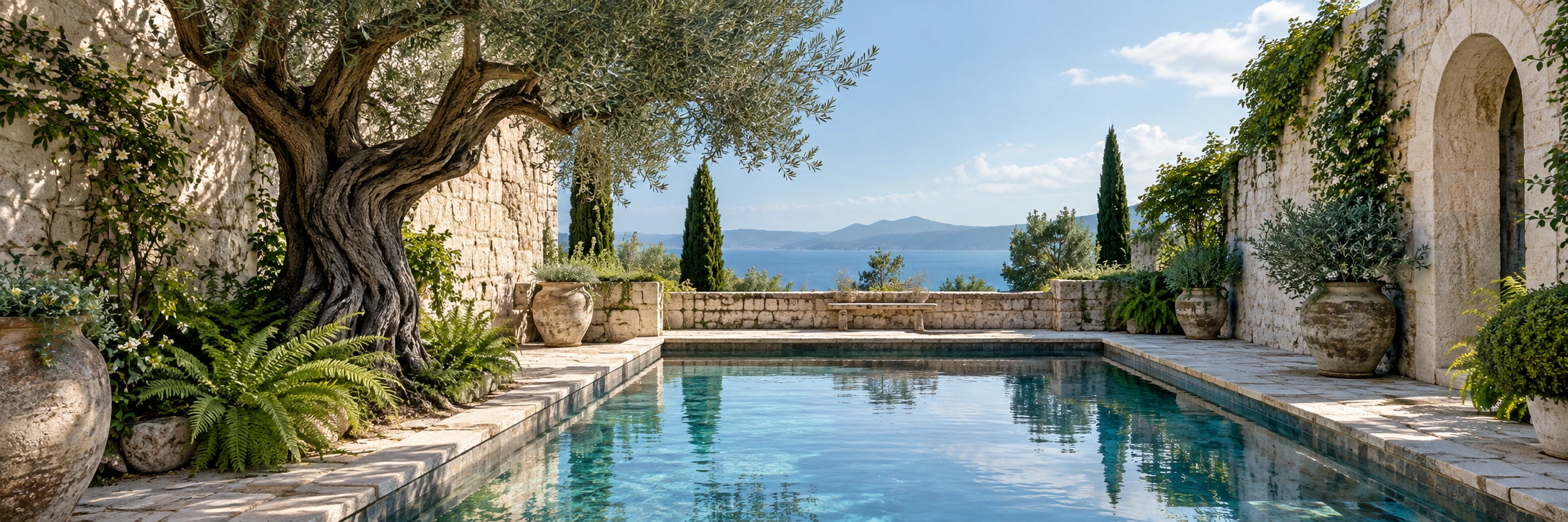 An artistic view of a sheltered stone garden with an olive tree and a clear blue pool