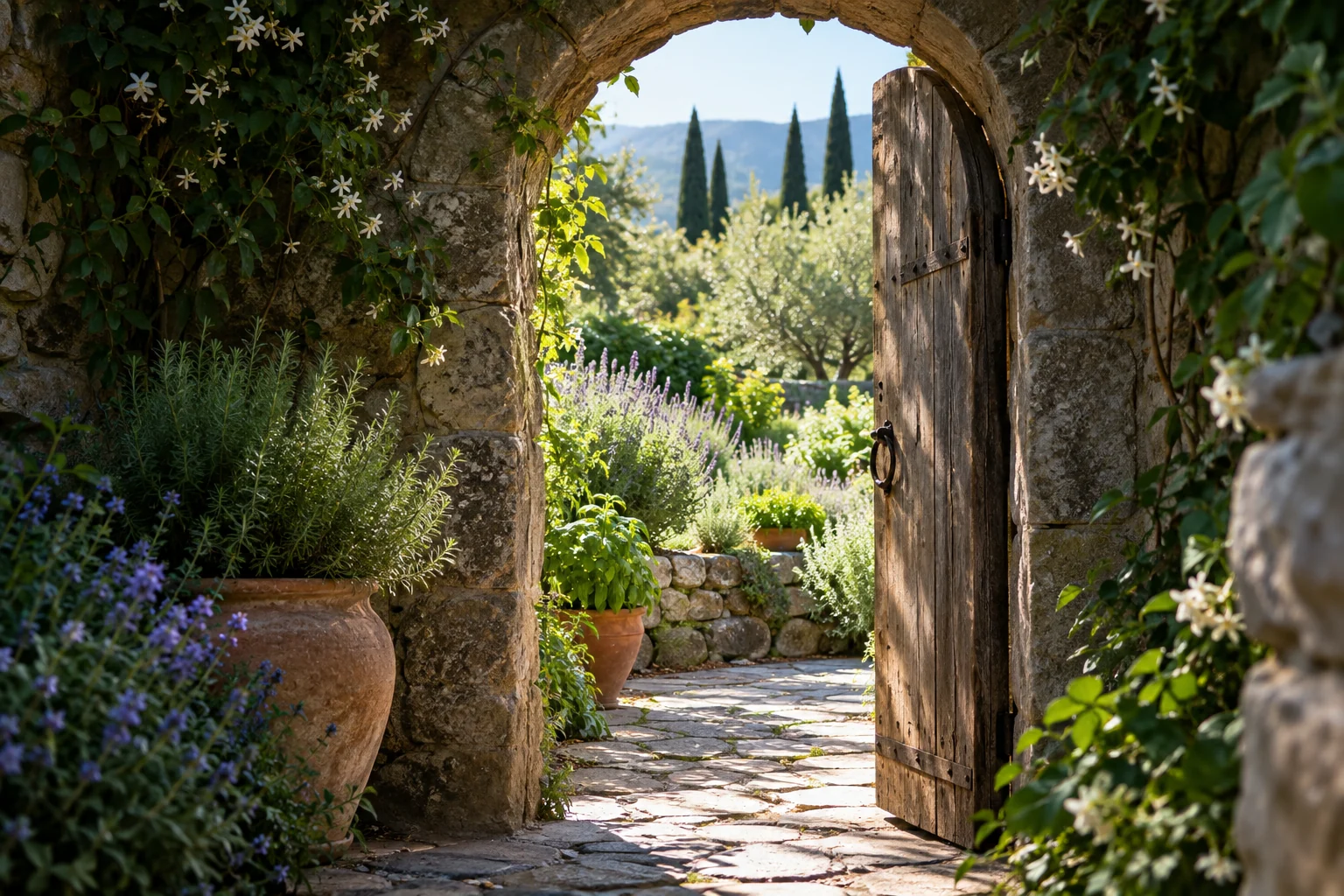 An artistic view of a small rustic arched doorway opening into a sunlit herb garden