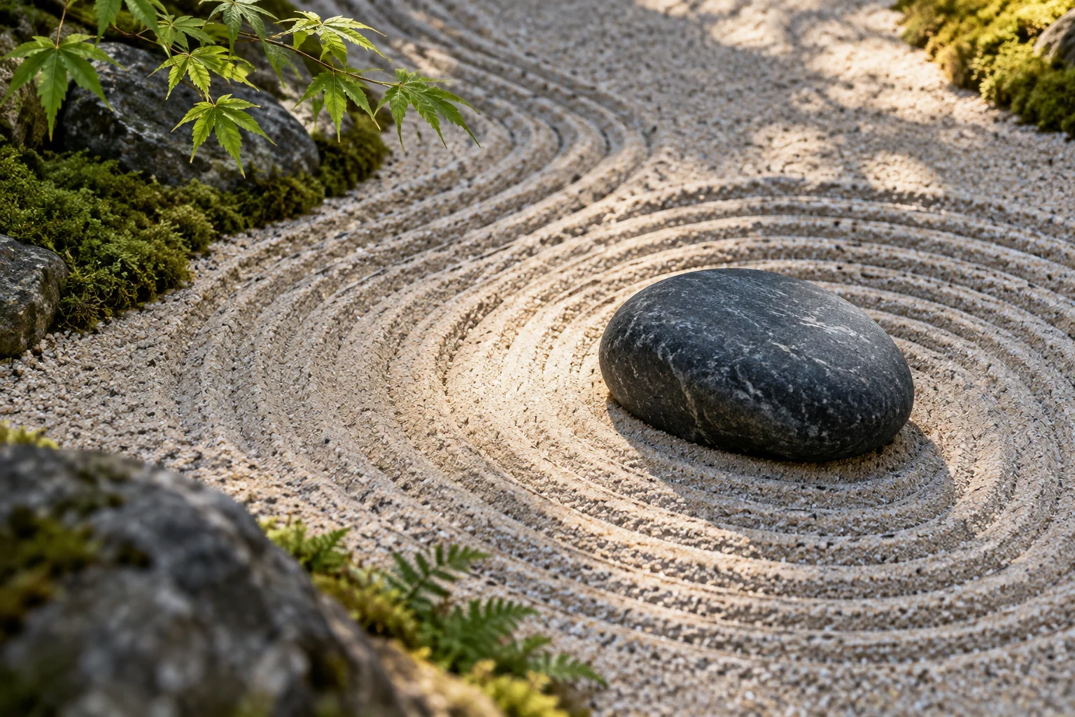 An artistic view of a small sand garden with gently raked concentric curves and a single dark stone