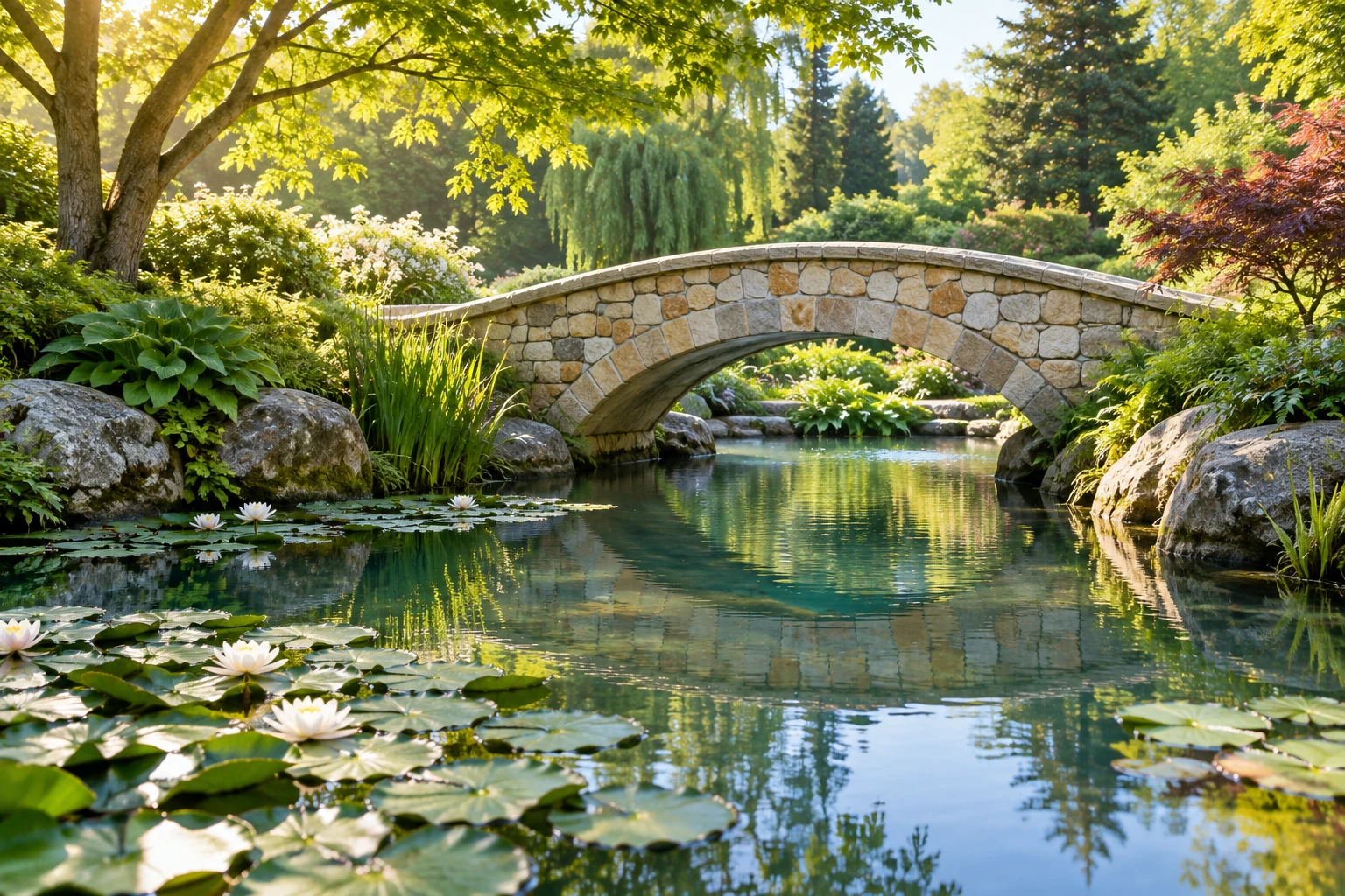 An artistic view of a small stone footbridge crossing a peaceful garden lily pond