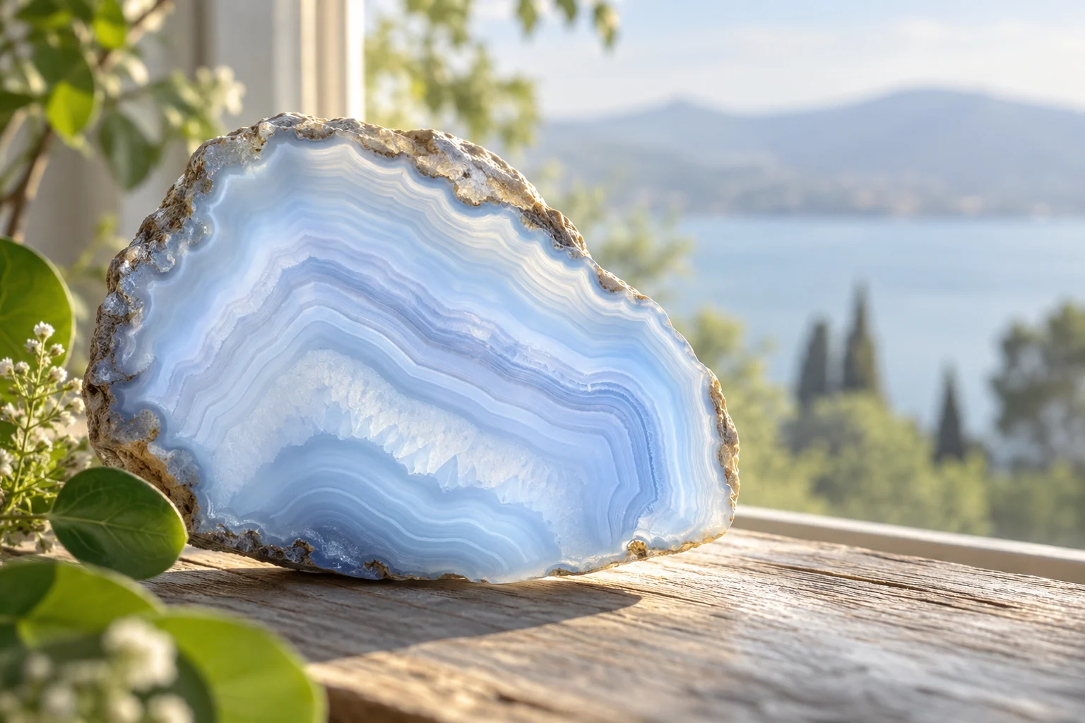 An artistic view of a smooth blue lace agate slice glowing against natural window light