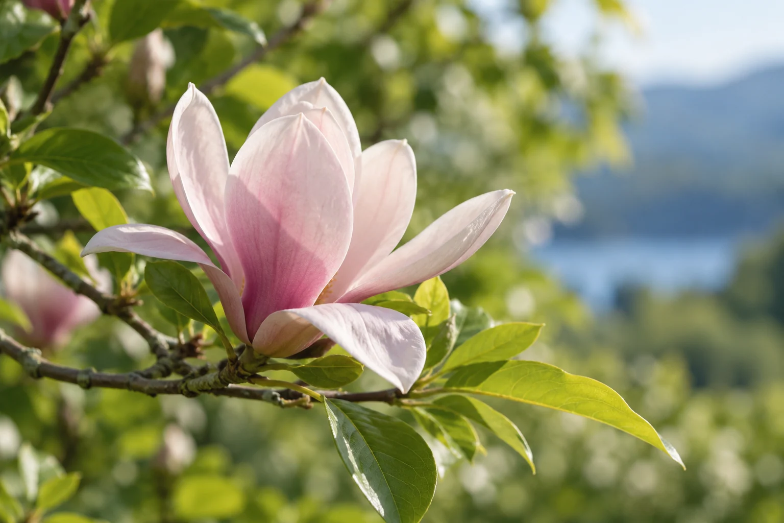 An artistic view of a soft pink magnolia blossom against fresh green foliage