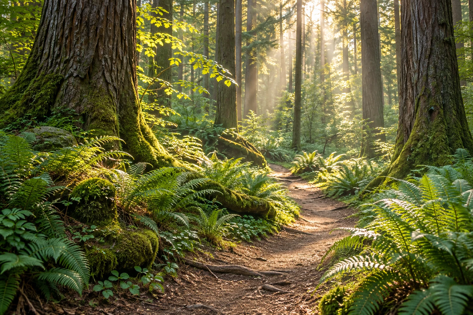 An artistic view of a sunlit woodland path winding between ferns and tall trees