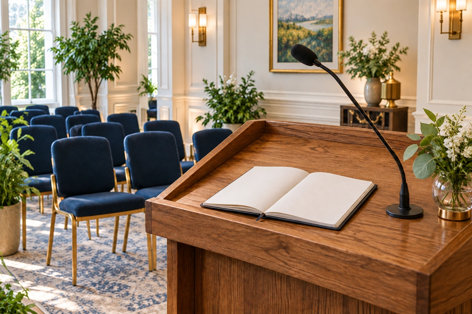 An artistic view of a timber lectern with an open notebook and microphone in a welcoming seminar setting