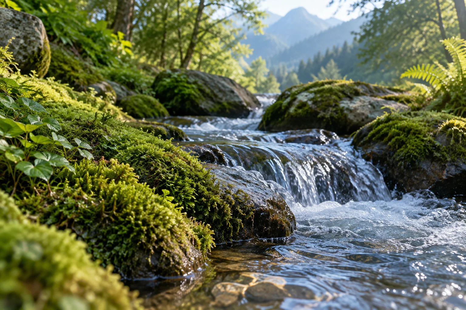An artistic view of a tiny stream cascading over smooth moss-covered rocks