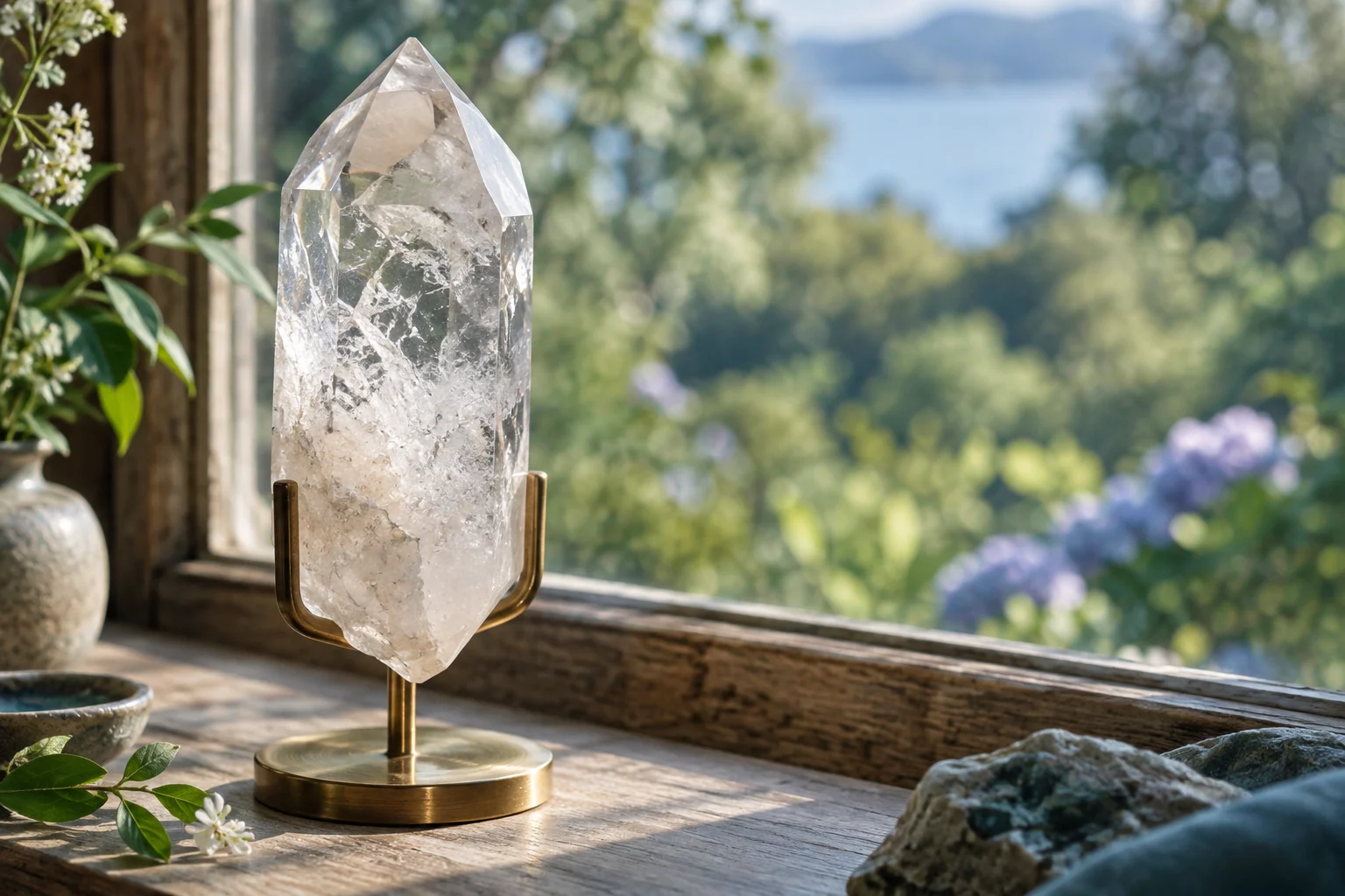 An artistic view of a translucent quartz point held by a simple brass display stand in soft window light