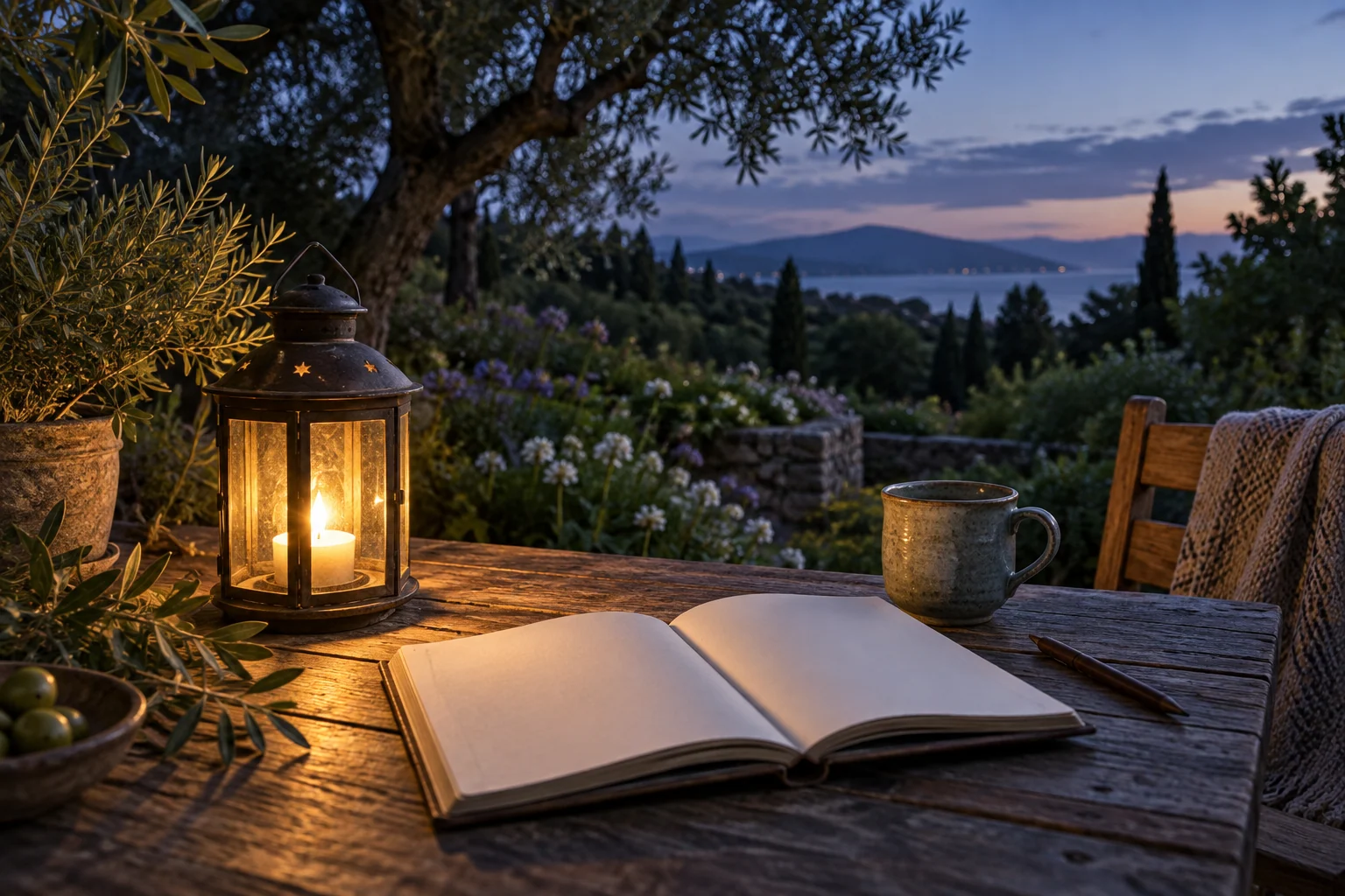 An artistic view of a warm lantern glowing beside an open blank journal at twilight