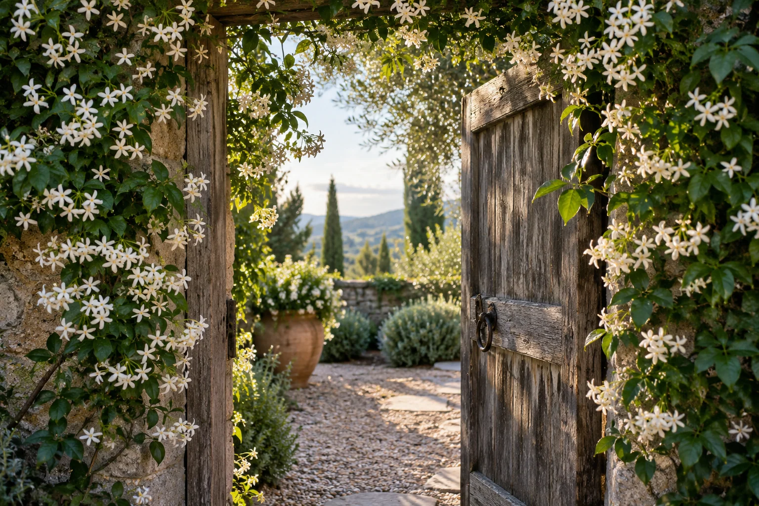 An artistic view of a welcoming garden gate bordered by flowering jasmine