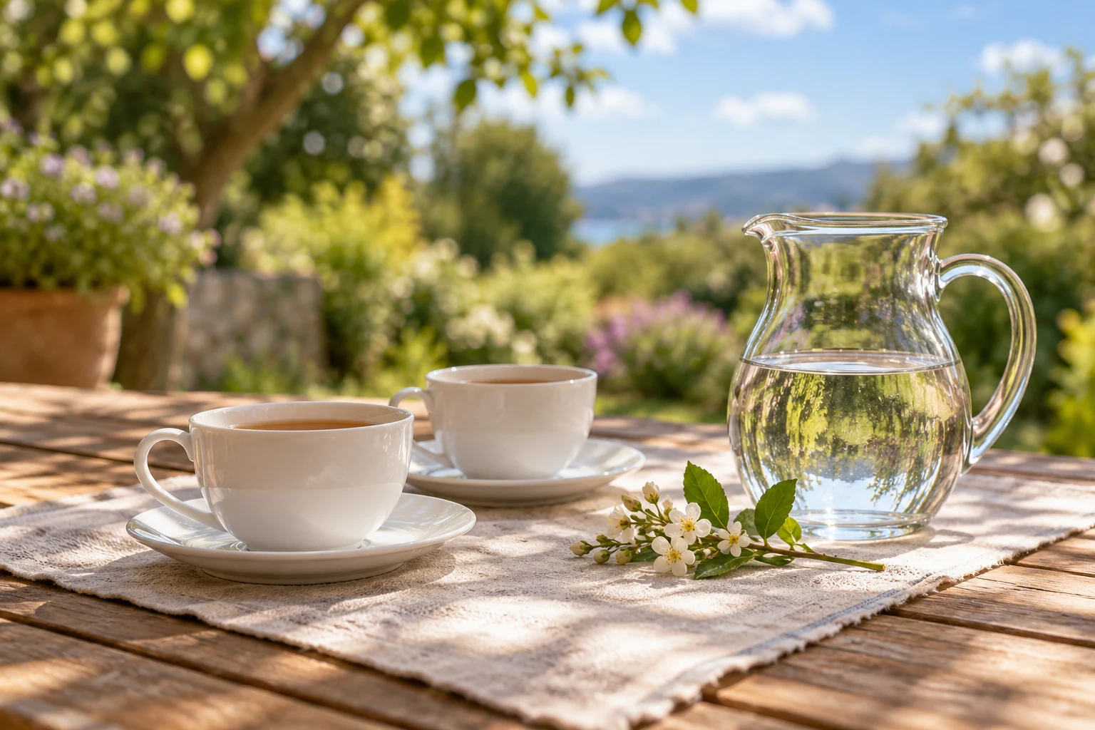 An artistic view of a welcoming garden tea setting with porcelain cups, water and fresh flowers