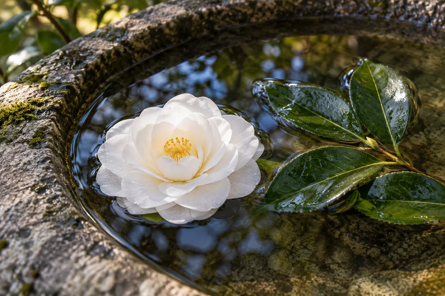 An artistic view of a white camellia floating beside glossy green leaves in a stone water basin