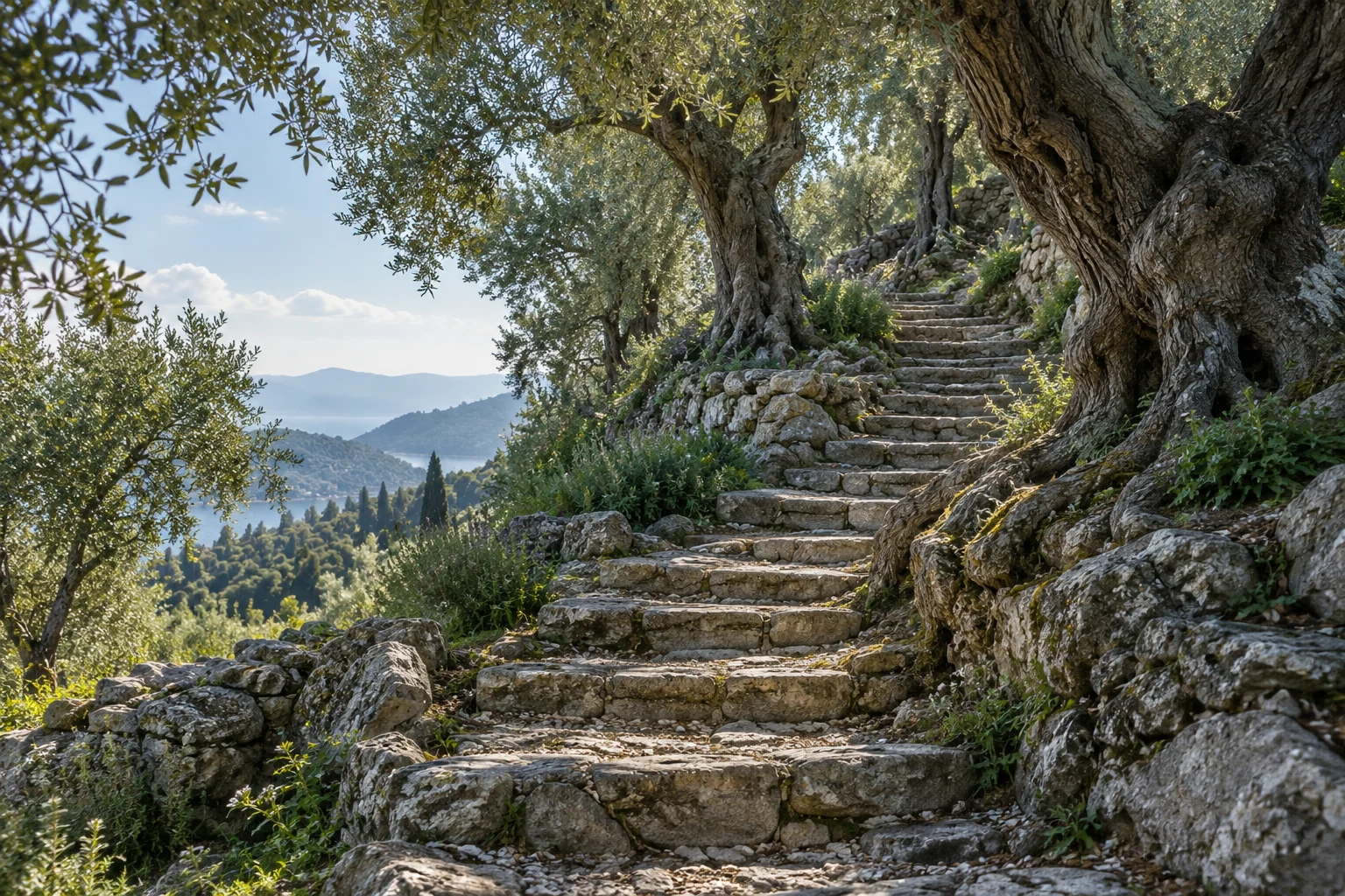 An artistic view of a winding stone stair through an old olive grove