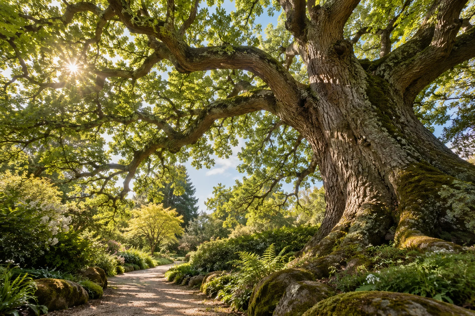 An artistic view of an ancient oak tree branching above a winding garden path seen from below