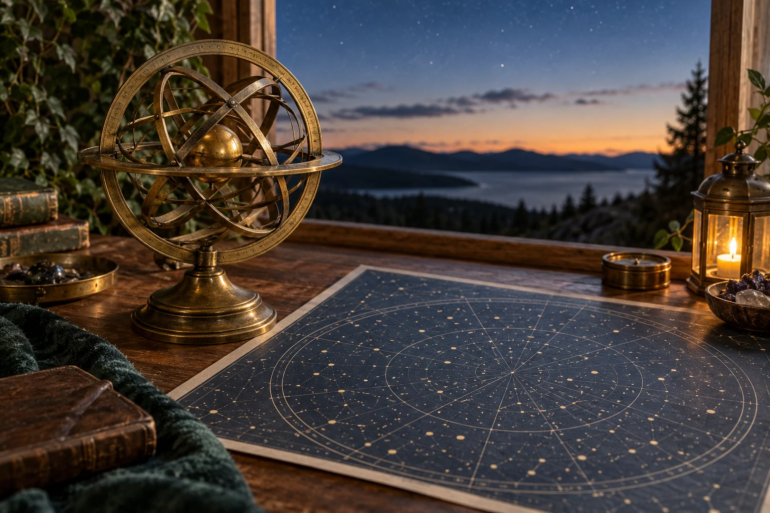 An artistic view of an antique astronomical instrument beside an unlabelled celestial chart