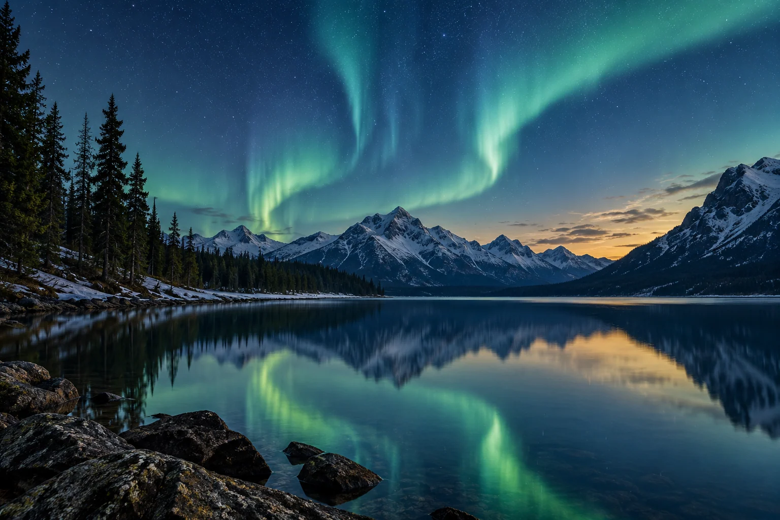 An artistic view of an aurora of soft blue and emerald above a still alpine lake