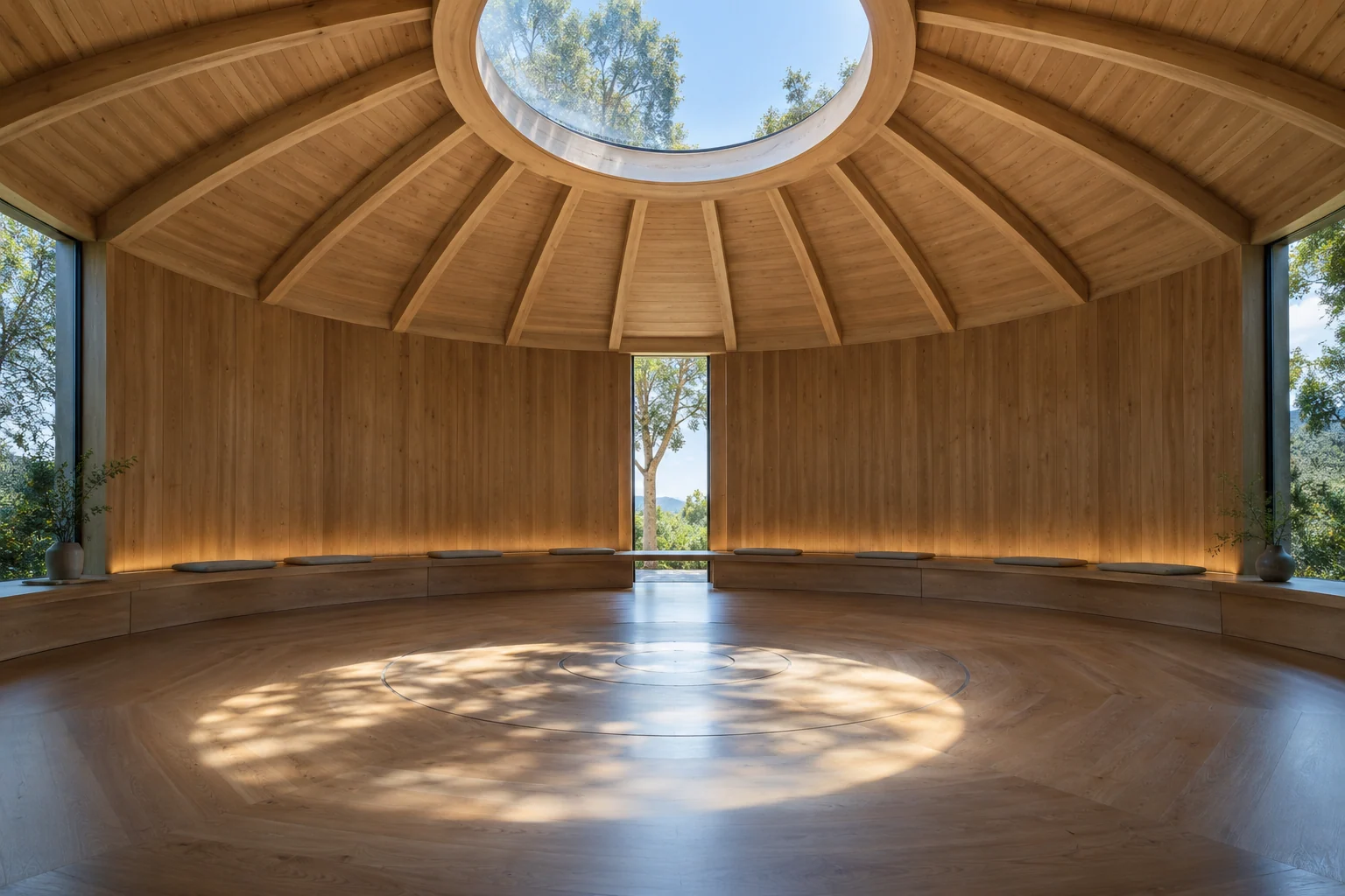 An artistic view of an empty circular meditation room with natural timber and a skylight, imagined interior