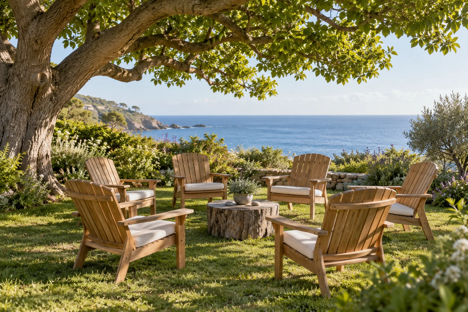 An artistic view of an inviting circle of empty timber chairs beneath a leafy tree beside the coast