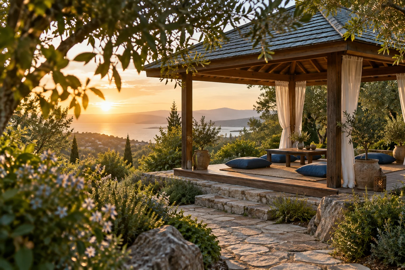 An artistic view of an inviting empty garden pavilion with blue cushions and a golden evening glow
