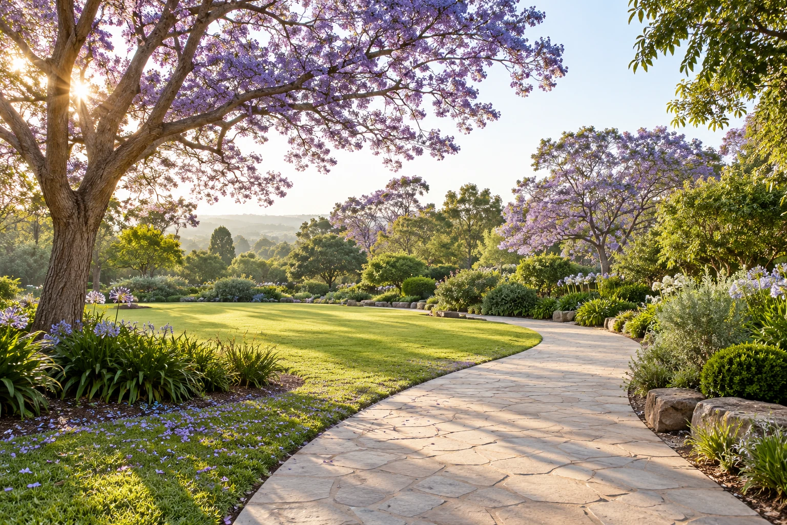 An artistic view of an inviting garden walkway beside flowering jacaranda trees