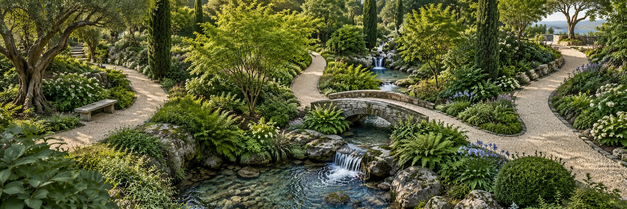 An artistic view of branching paths through a green botanical garden beside a stream