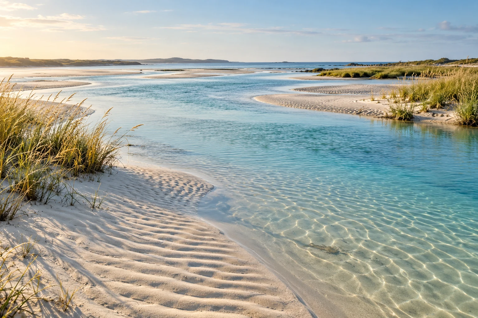 An artistic view of clear tidal water and soft sand at a peaceful coastal estuary