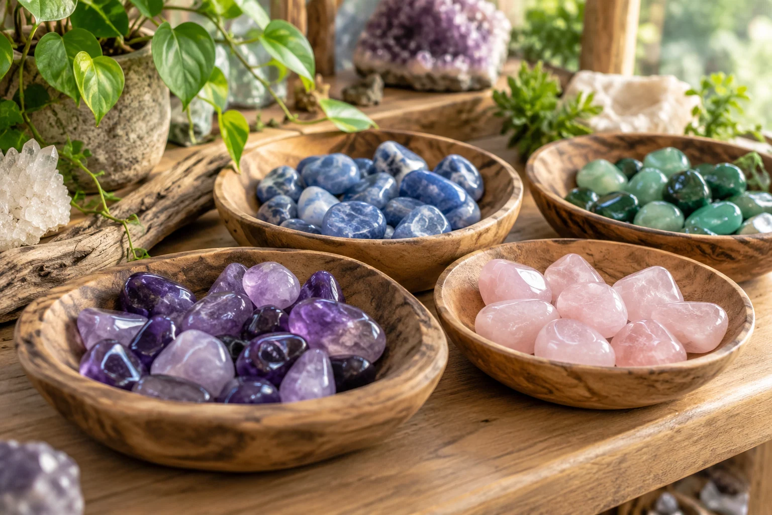 An artistic view of colourful polished stones in shallow carved wooden dishes on a natural shop display