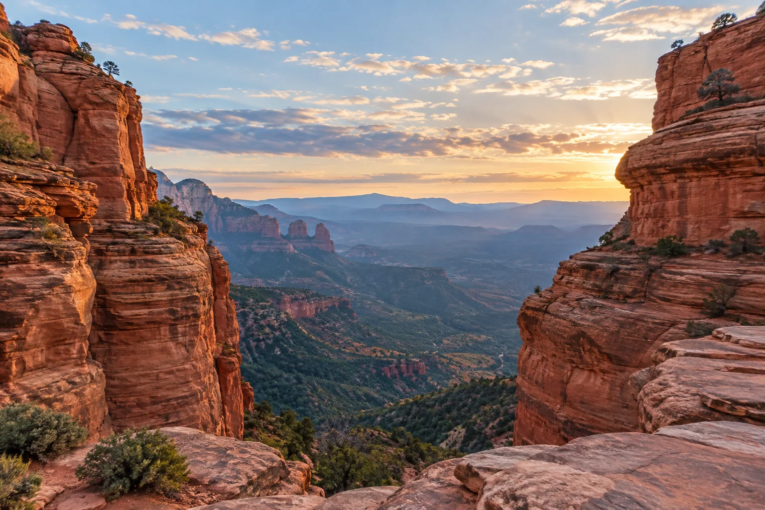 An artistic view of layered red sandstone cliffs framing a distant blue valley