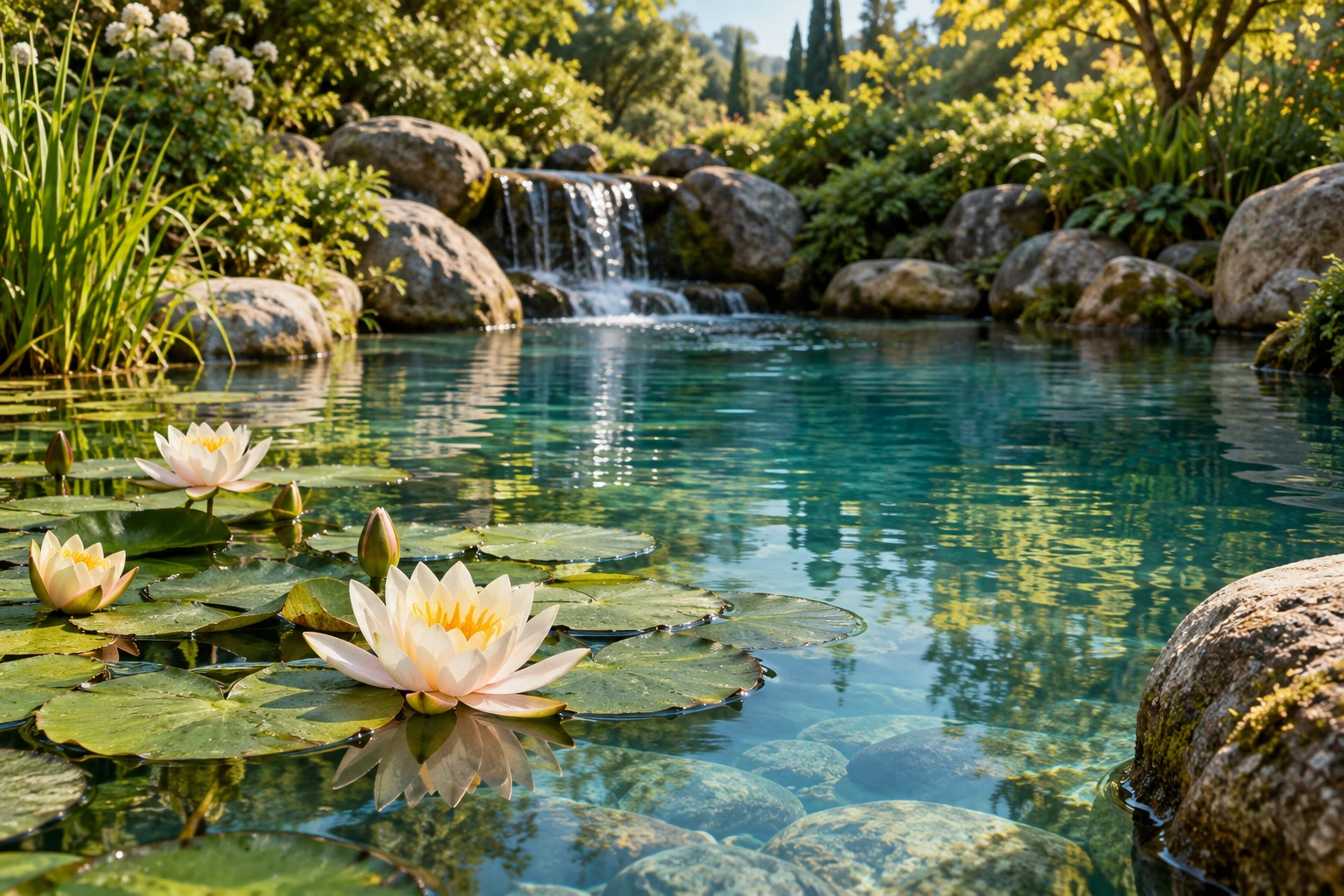 An artistic view of pale water lilies beside smooth rocks in a clear, peaceful garden pool